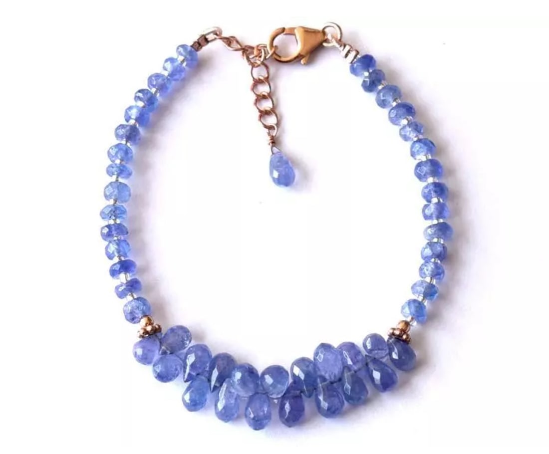 6.5 - 7.5" ROSE GOLD SOLID 925 SILVER BRACELET NATURAL TANZANITE BEADS: These are natural, earth mined and hand crafted with precision. Stone: Tanzanite, Stone Shape: Faceted Round/Briolette, Stone Size: 4 mm/ 4x6 - 4x7 mm, Length: 6.5 - 7.5", Weight: approx. 37.30 carats