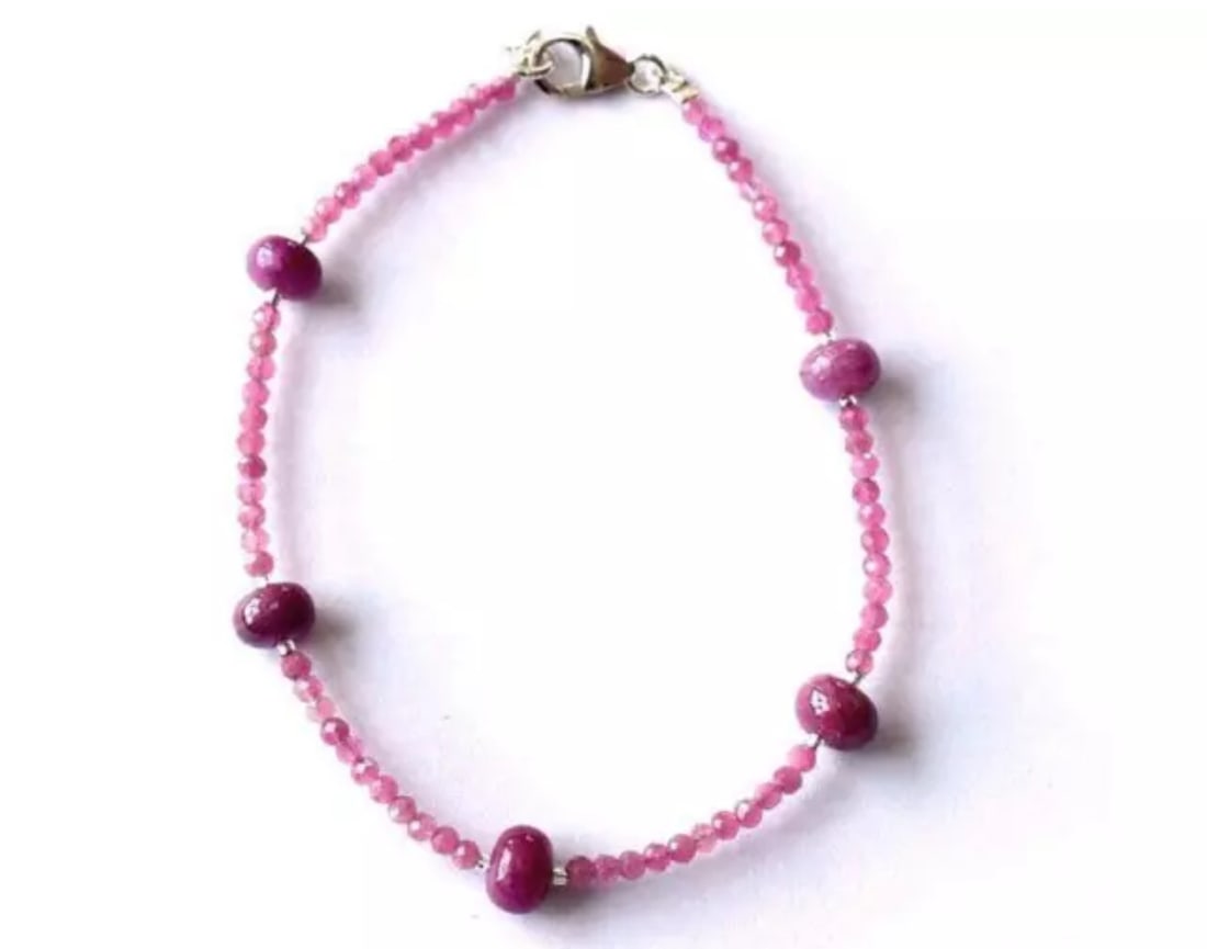 8" SOLID 925 SILVER BRACELET NATURAL PINK SAPPHIRE & TOURMALINE BEADS: These are natural, earth mined and hand crafted with precision. Stone: Sapphire/Tourmaline, Stone Shape: Faceted Round/Rondelle, Stone Size: 2.5 - 7.5 mm, Width: 4.5 - 5 mm, Length: 8", Weight: approx