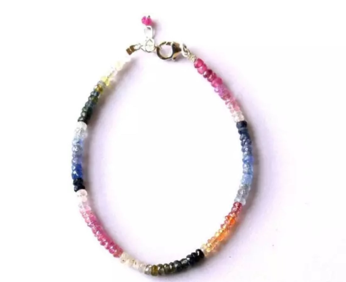 7.5 - 8.5" SOLID 925 SILVER BRACELET NATURAL MULTI SAPPHIRE BEADS: These are natural, earth mined and hand crafted with precision. Stone: Sapphire, Stone Shape: Faceted Rondelle, Stone Size: 3 - 3.5 mm, Width: 1.5 - 2 mm, Length: 7.5 - 8.5", Weight: approx. 27 carats