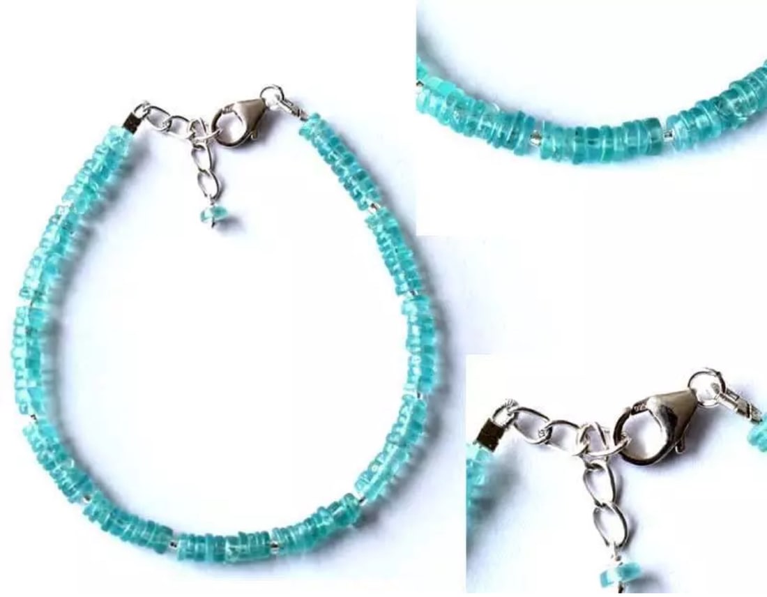 7 - 8" SOLID 925 SILVER BRACELET NATURAL APATITE BEADS TYRE: These are natural, earth mined and hand crafted with precision. Stone: Apatite, Stone Shape: Tyre, Stone Size: 4 mm, Width: 1 - 2 mm, Length: 7 - 8", Weight: approx. 30 carats. The photographs are enl
