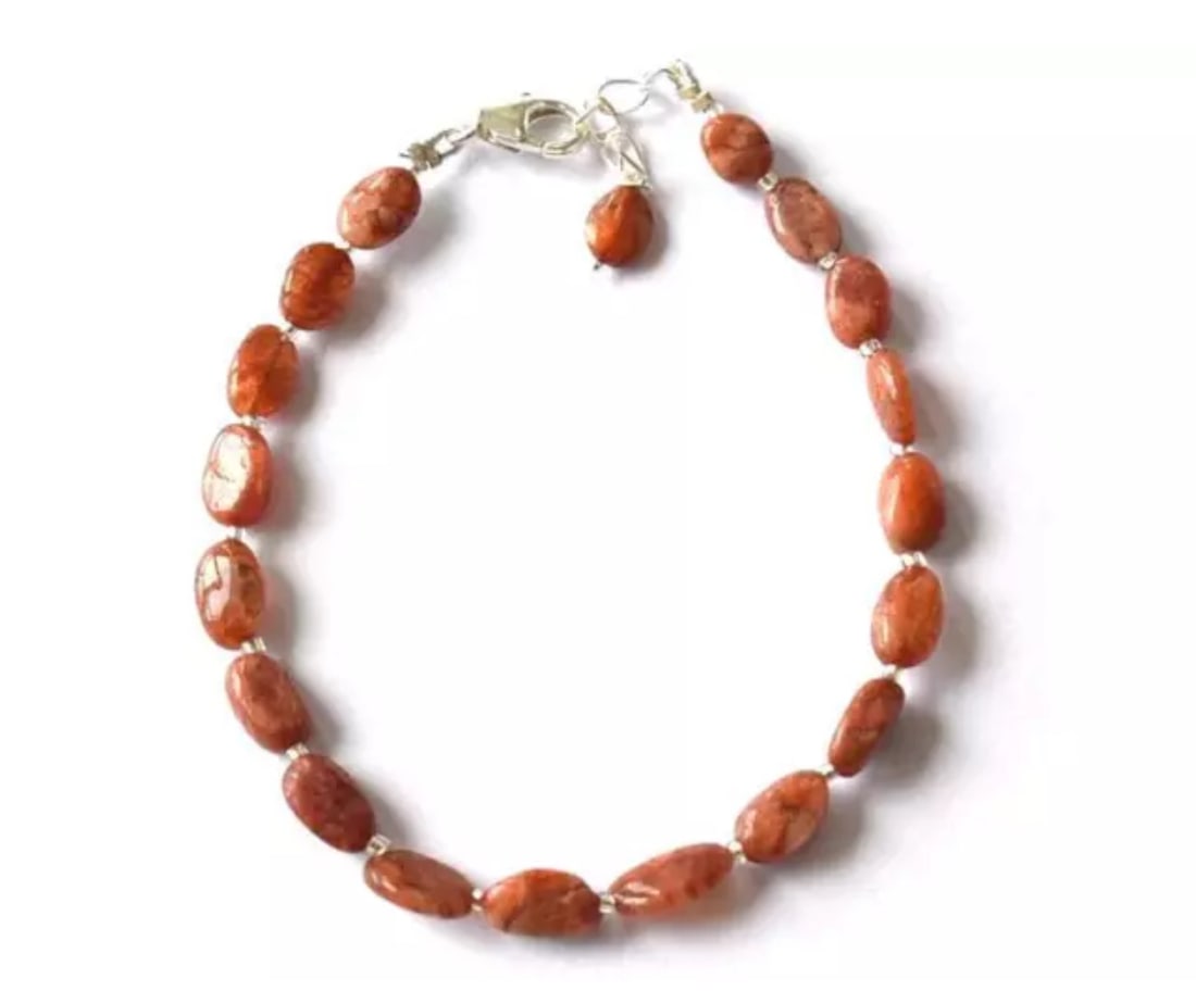 7 - 8" SOLID 925 SILVER BRACELET NATURAL SUNSTONE BEADS OVAL: These are natural, earth mined and hand crafted with precision. Stone: Sunstone, Stone Shape: Oval, Stone Size: 5x7 - 5.5x10 mm, Width: 2.5 - 4 mm, Length: 7 - 8", Weight: approx. 28 carats. The photo