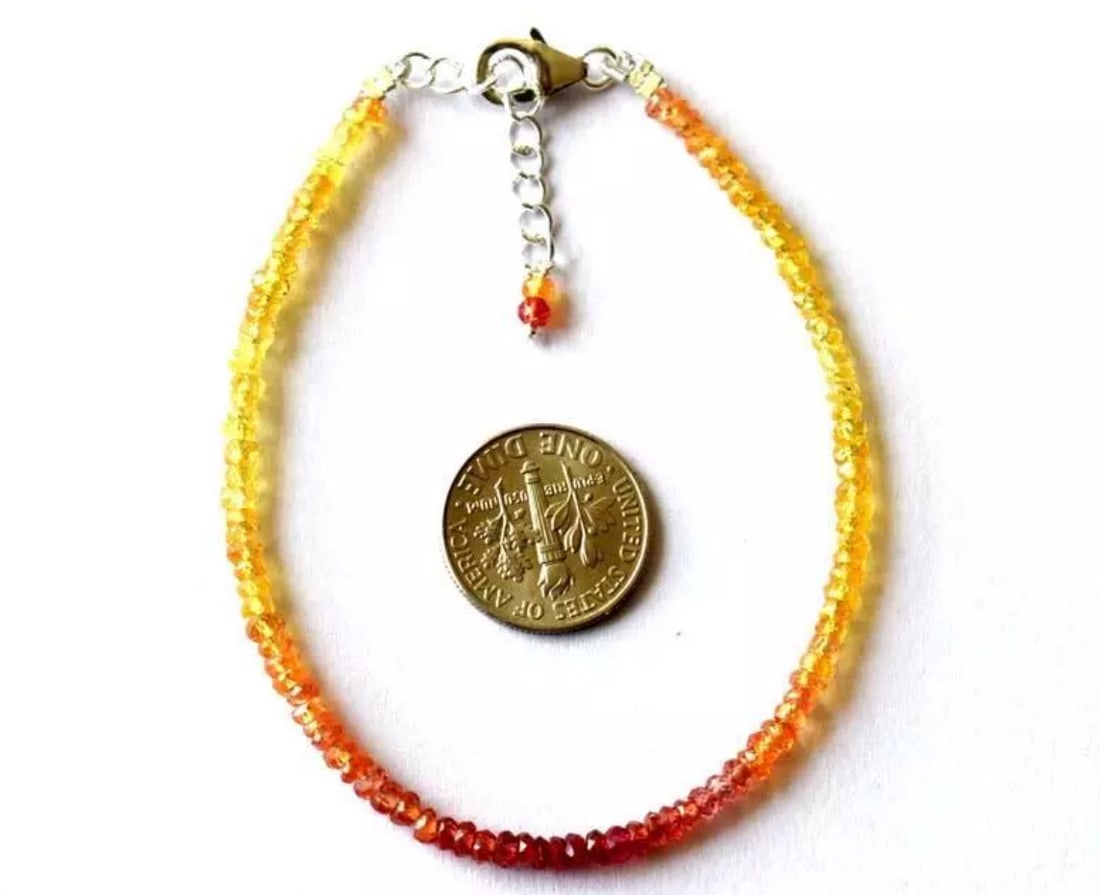 7 - 8" SOLID 925 SILVER BRACELET NATURAL YELLOW SAPPHIRE BEADS RONDELLE: These are natural, earth mined and hand crafted with precision. Stone: Sapphire, Stone Shape: Faceted Rondelle, Stone Size: 3 mm, Width: 1.5 - 2 mm, Length: 7 - 8", Weight: approx. 22 carats. The phot