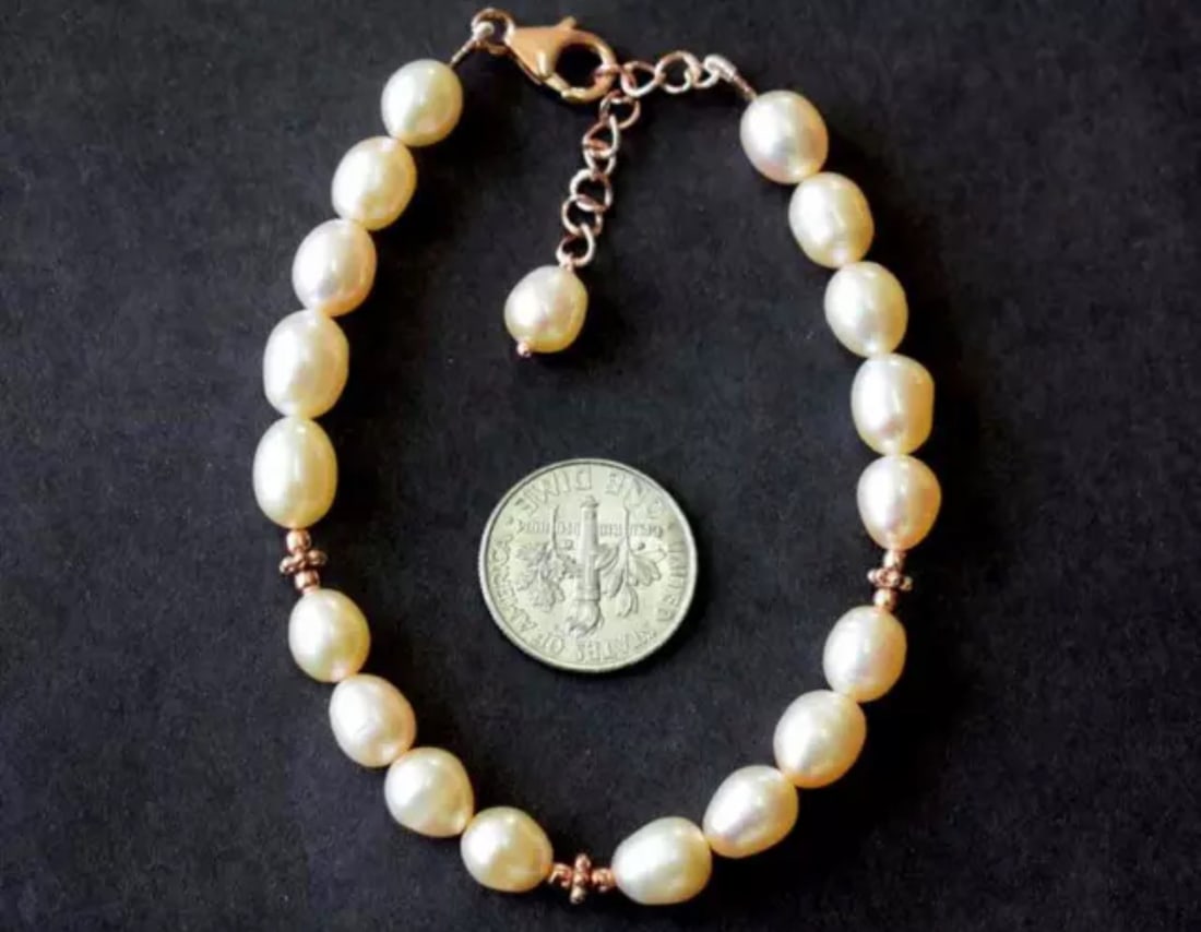 7 - 8" ROSE GOLD OVER SOLID 925 SILVER BRACELET FRESH WATER PEARL FANCY: These are natural, earth mined and hand crafted with precision. Stone: Fresh Water Pearl, Stone Shape: Fancy, Stone Size: 6x7 - 6.5x9 mm, Length: 7 - 8", Weight: approx. 53 carats. The photographs are