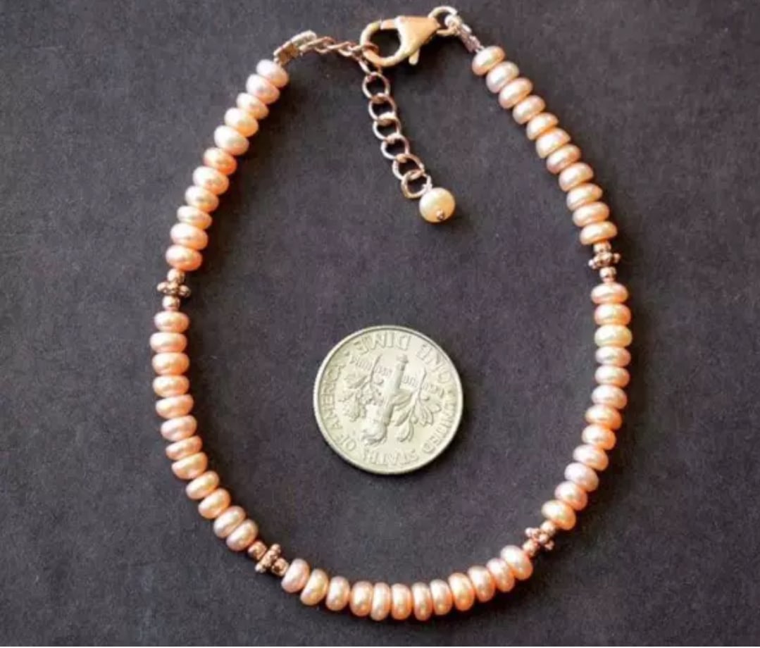 7 - 8" ROSE GOLD OVER SOLID 925 SILVER BRACELET FRESH WATER PEARL: These are natural, earth mined and hand crafted with precision. Stone: Fresh Water Pearl, Stone Shape: Rondelle, Stone Size: 4 - 4.5 mm, Width: 2 - 2.5 mm, Length: 7 - 8", Weight: approx. 28 carats. T