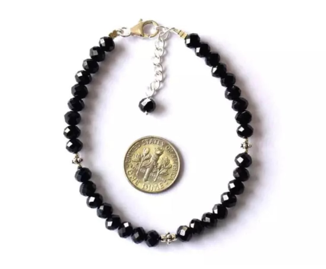7 - 8" SOLID 925 SILVER BRACELET NATURAL BLACK SPINEL BEADS RONDELLE: These are natural, earth mined and hand crafted with precision. Stone: Black Spinel, Stone Shape: Faceted Rondelle, Stone Size: 5 mm, Width: 4 - 4.5 mm, Length: 7 - 8", Weight: approx. 45 carats. The