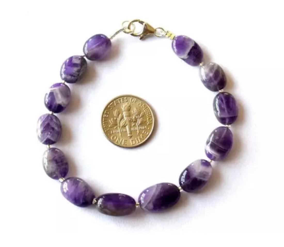 7" SOLID 925 SILVER BRACELET NATURAL BIO-AMETHYST BEADS OVAL: These are natural, earth mined and hand crafted with precision. Stone: Amethyst, Stone Shape: Oval, Stone Size: 8x10 - 8.5x13.5 mm, Width: 4.5 - 6 mm, Length: 7", Weight: approx. 54 carats. The photog