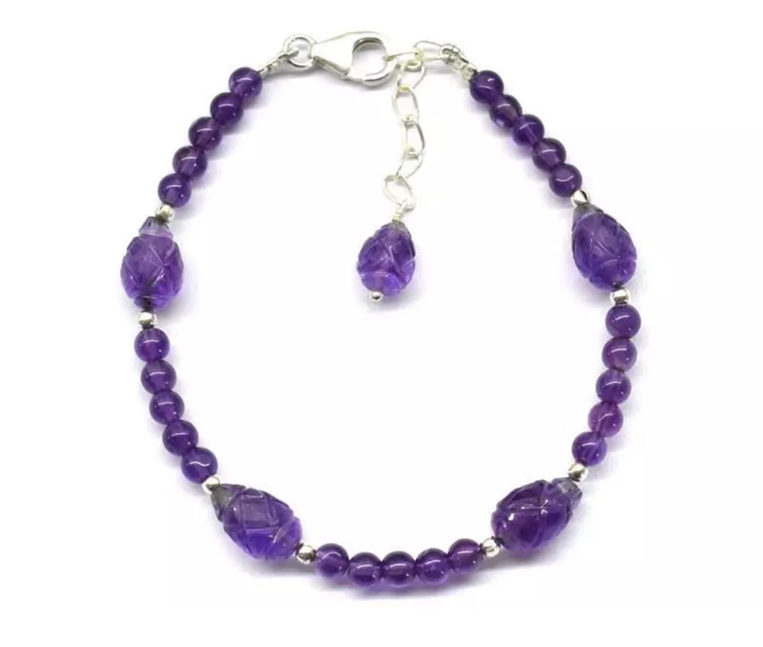 6.5 - 7.5" SOLID 925 SILVER BRACELET NATURAL AMETHYST BEADS: These are natural, earth mined and hand crafted with precision. Stone: Amethyst, Stone Shape: Round/Carved Briolette, Stone Size: 3.5 mm/ 6x8 - 6.5x10.5 mm, Length: 6.5 - 7.5", Weight: approx. 28 cara