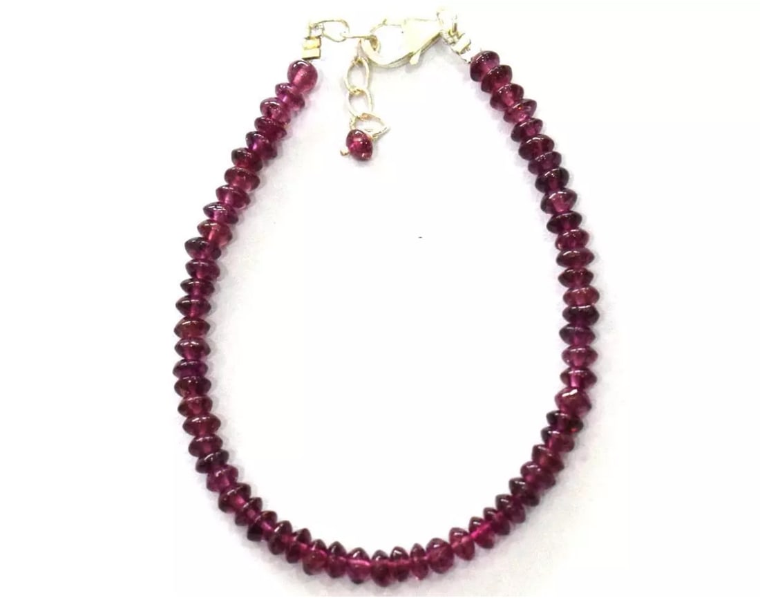 6.5 - 7.5" SOLID 925 SILVER BRACELET NATURAL RHODOLITE GARNET BEADS: These are natural, earth mined and hand crafted with precision. Stone: Garnet, Stone Shape: Rondelle, Stone Size: 4 mm, Width: 1.5 - 2.5 mm, Length: 6.5 - 7.5", Weight: approx. 29 carats. The photogra