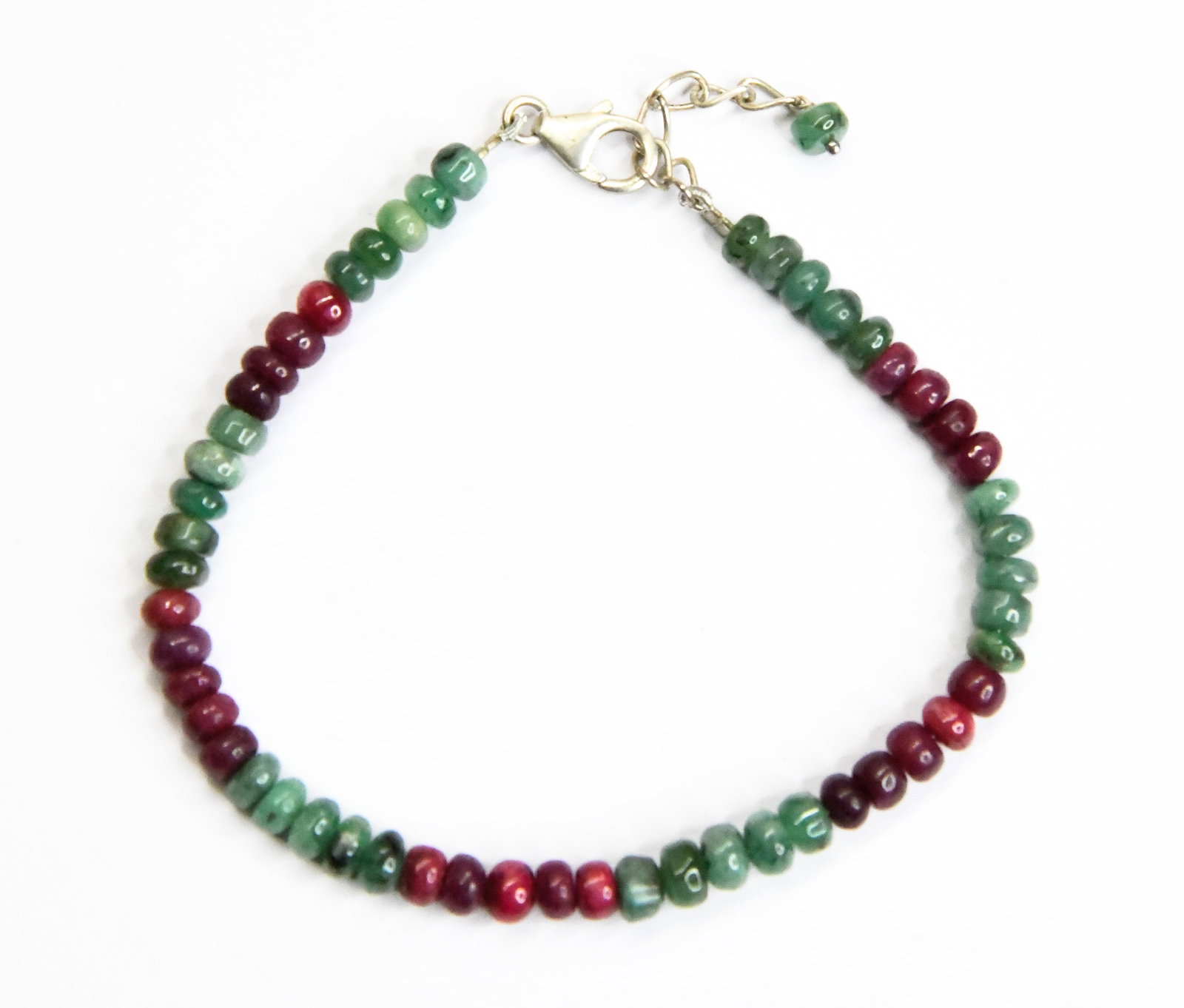 7 - 8" SOLID 925 SILVER BRACELET NATURAL RUBY & EMERALD: These are natural, earth mined and hand crafted with precision. Stone: Ruby & Emerald, Stone Shape: Rondelle, Stone Size: 4.5 - 5 mm, Width - 2.5 - 3.5 mm, Length: 7 - 8", Weight: approx. 37 carats. T