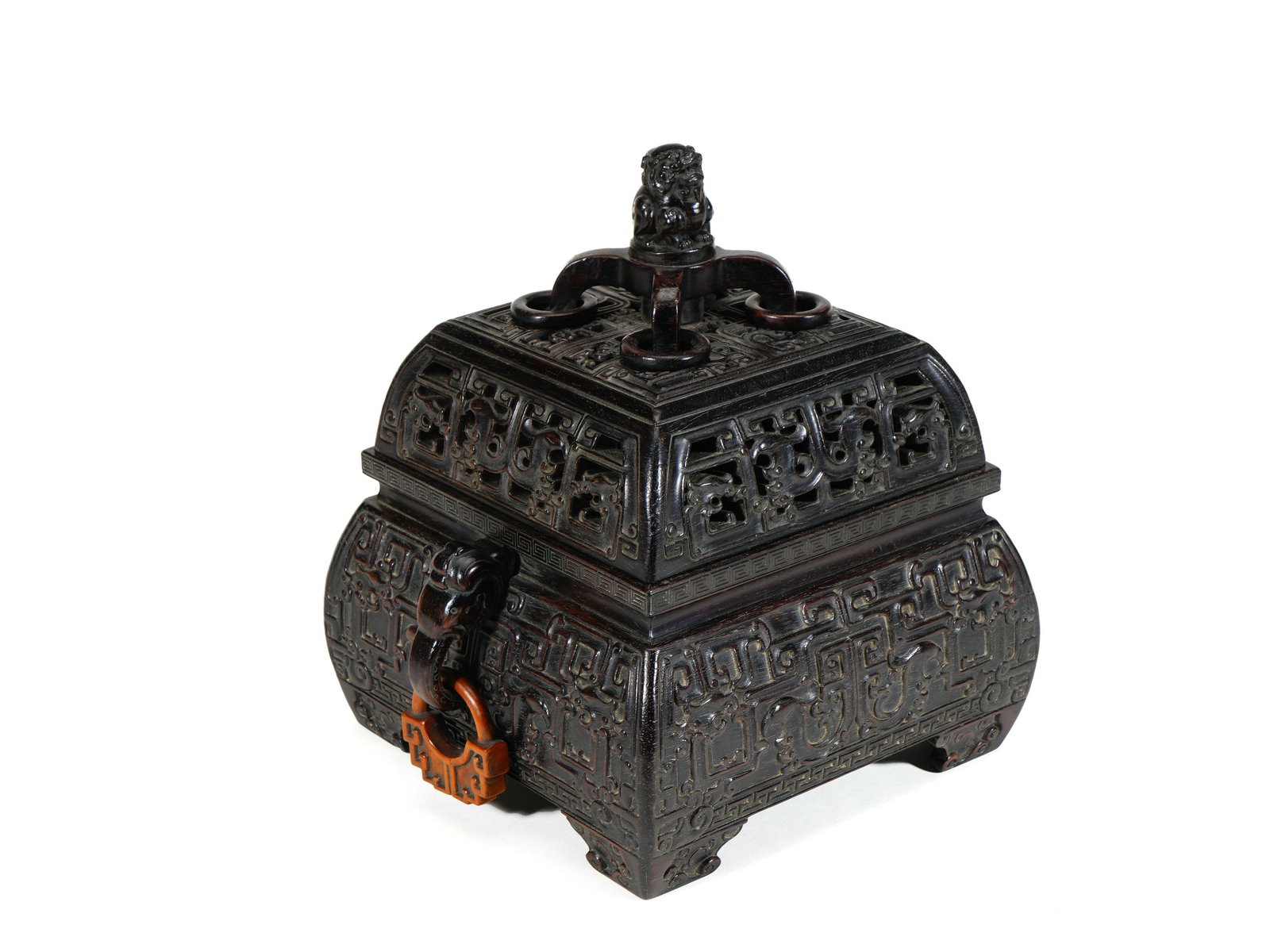 A Zitan Double Ring Ear Incense Burner: Height 19.5cm Width 18cm