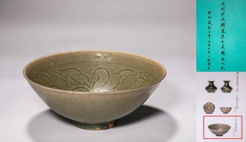 Ancient celadon carved bowl, Yaozhou kiln, Song Dynasty, China