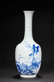 WANG Bu-yuan's WEN WO GUO ZHI ZHAI Marked Blue and White Yellow Bird Long-necked Vase