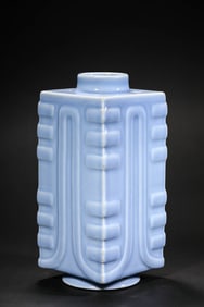 A Qing Dynasty Yongzheng-marked sky-blue glazed Cong-style vase