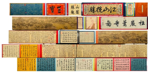 Fine landscape silk handscroll "Pine Rocks and Quiet Temple"