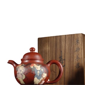 Painted purple clay teapot