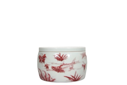 Underglaze red fish and algae pattern go jar