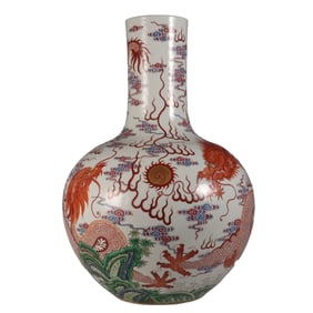 Large famille rose vase with two dragons playing with a pearl