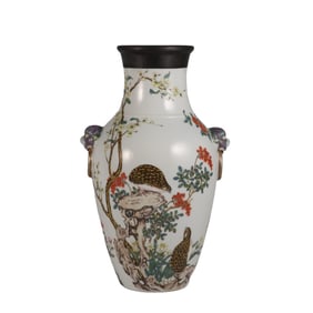 Famille rose vase with animal ears and a peaceful and happy life