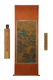 Fine silk hanging scroll of landscape and pavilions