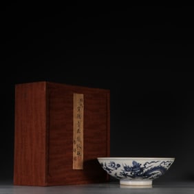 Blue and white bowl with dragon pattern.