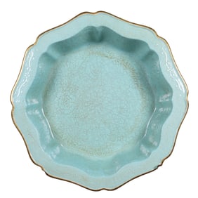 Turquoise green ground with white twined flower pattern and eight-sided water wash