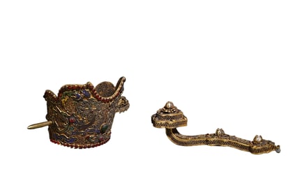 A gilt copper hairpin inlaid with precious stones and a study ornament