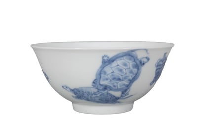 Blue and white cup with a hundred longevity patterns