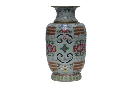 Bean green glaze and pastel floral revolving vase