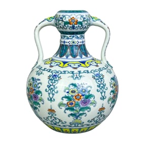Blue and white Doucai twined flower pattern Ruyi double-eared garlic vase,