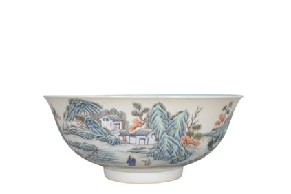 Large bowl with famille rose landscape and figures
