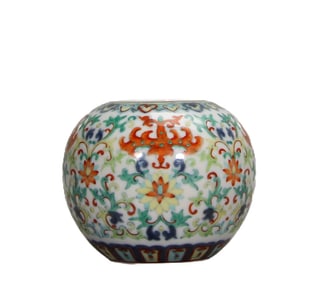 Blue and white Doucai auspicious lotus water pot with spiritual blessings