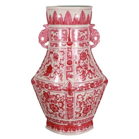 Dark red diamond-shaped bottle with eight-treasure pattern