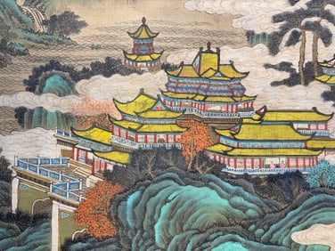 Shi Tao's exquisite landscape and pavilion hanging scroll on silk