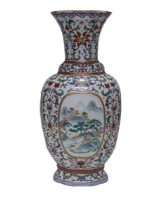 A famille rose flat vase with landscape pattern and window