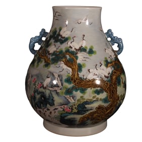 Enameled double-handled vase with a hundred cranes and temple design