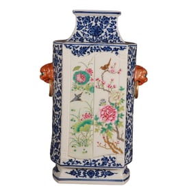 Hexagonal vase with blue and white famille rose floral and bird patterns