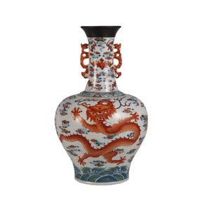 A Doucai double-eared vase with cloud and dragon patterns, made during the Qianlong reign of the