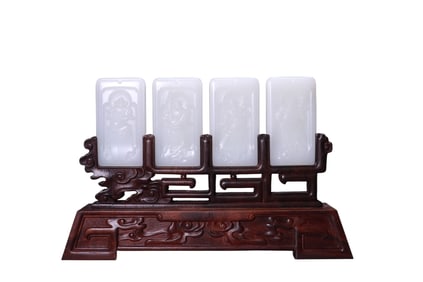 A set of Hetian white jade Four Heavenly Kings screens