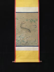 Fine Silk Painting of Fish and Music