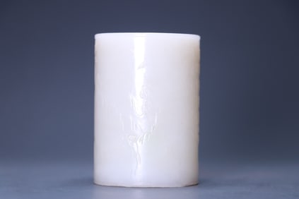 Hetian white jade landscape figure poetry pen holder