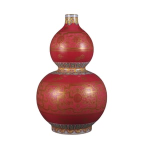 Rouge-red pastel-enamel carved and gilded gourd vase