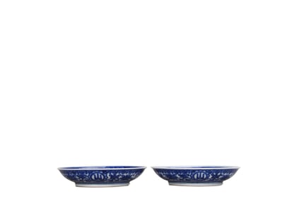 Blue and white lotus with eight treasures window “ Mountains are high and rivers are long ?? dish