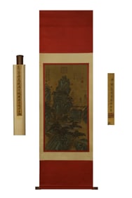 Fine silk hanging scroll of landscapes and pavilions, "Traveling by the Stream"