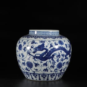 Blue and white jar with coiled flower and dragon pattern