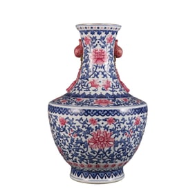 A blue and white with rouge-red lotus-patterned double-handled vase