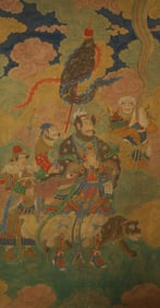 Fine Buddhist figure hanging scroll on silk, "Heavenly Kings"