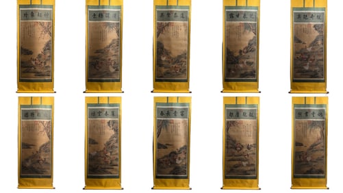 Fine silk scroll with ten panels, "Hundred Chickens"