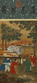Fine figure hanging scroll on silk: "A Gathering of Scholars"