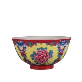 Enamel bowl with floral pattern on rouge purple ground