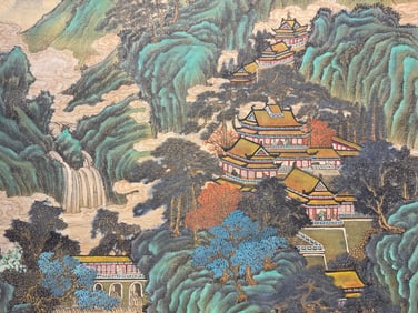 Qiu Ying's exquisite landscape and pavilion hanging scroll on silk